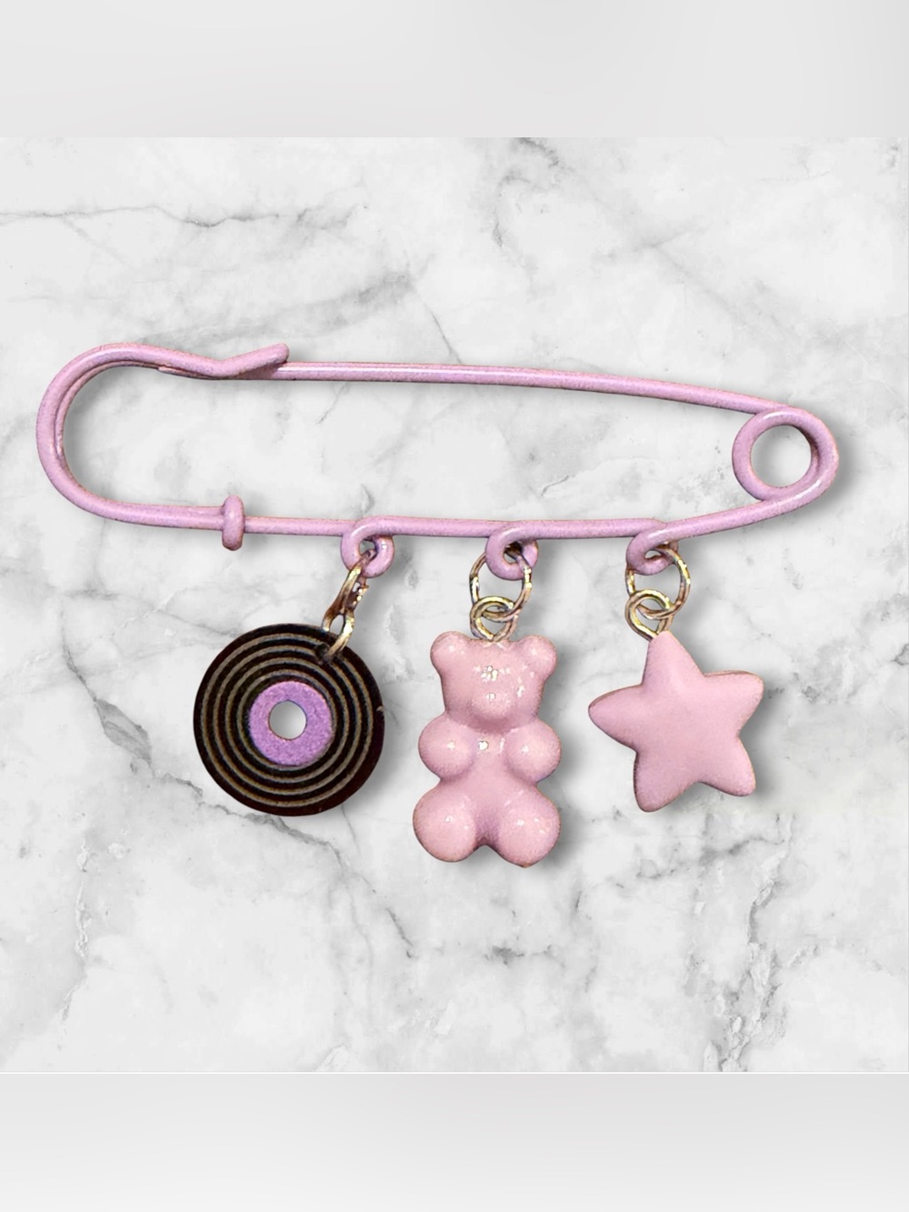 Pink Charm Safety Pin Brooch with Gummy Bear, Star & Candy Charms